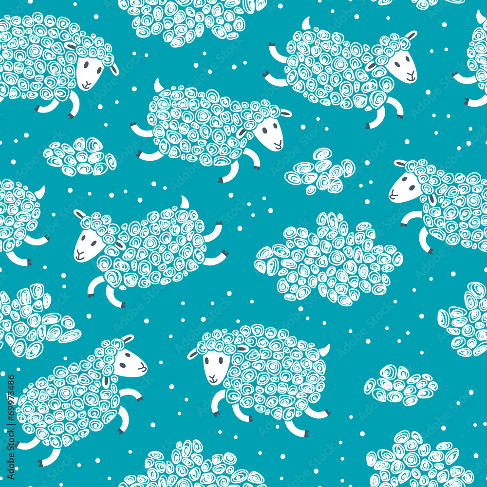 Naklejka premium Seamless pattern with cute sheep and clouds.