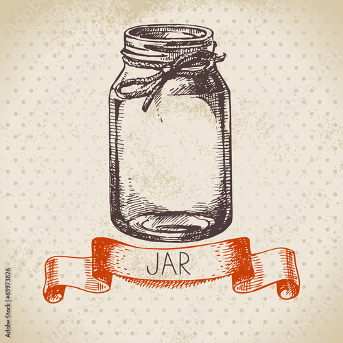Rustic, mason and canning jar. Vintage hand drawn sketch design.