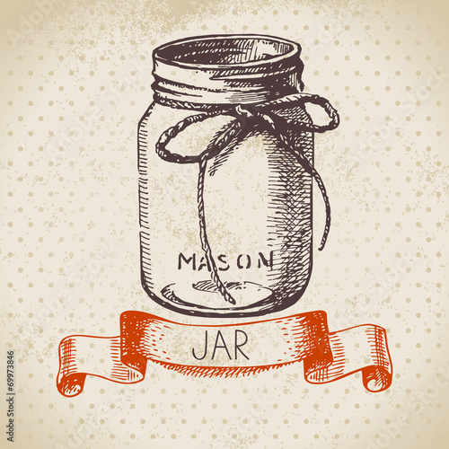 Rustic, mason and canning jar. Vintage hand drawn sketch design.