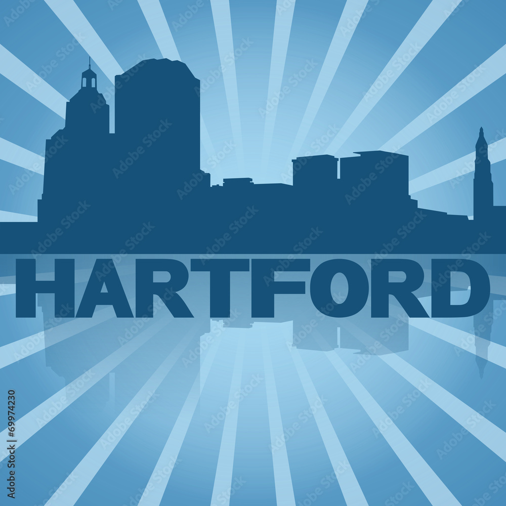 Hartford skyline reflected with blue sunburst illustration