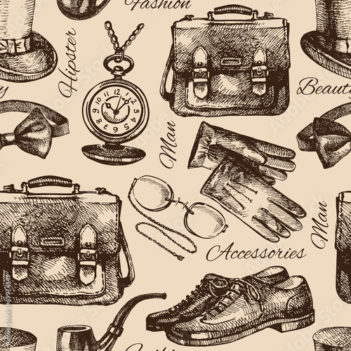 Gentlemen accessories. Hand drawn hipster seamless pattern