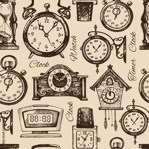 Hand drawn clocks and watches. Vintage hand drawn sketch