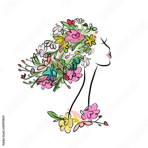 Female profile with floral hairstyle for your design