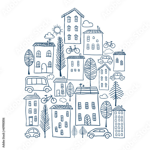 Town doodles in house shape