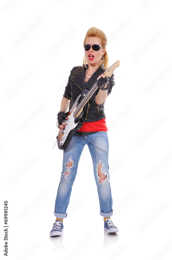 girl playing on electric guitar girl playing on electric guitar