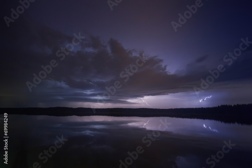 Supercell thunderstorm at night with lightning
