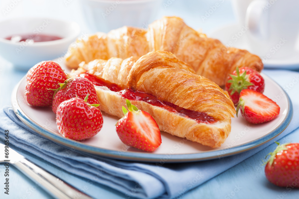 fresh croissants with jam and strawberry for breakfast fresh croissants with jam and strawberry for breakfast