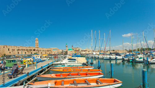 Quadro em tela Port of Acre, Israel. with boats and the old city