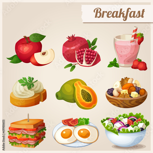 Set of different food icons. Breakfast.