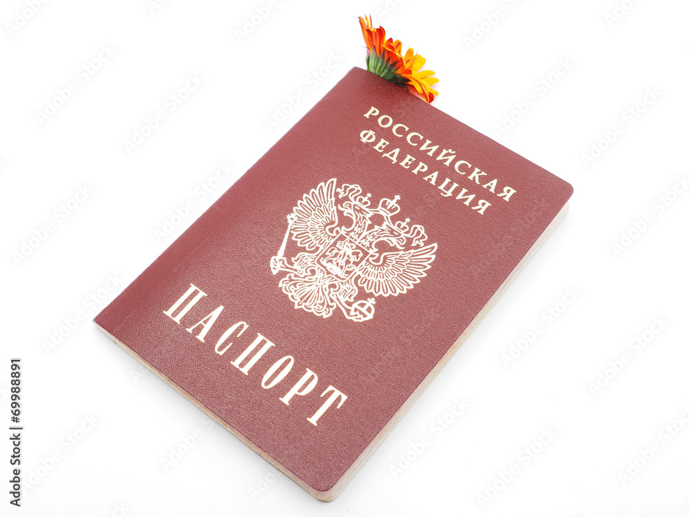 Russian passport and flowers on a white background Russian passport and flowers on a white background