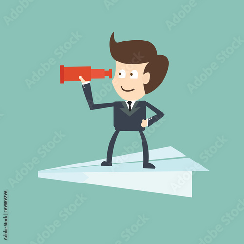 Businessman looking for new business over a paper airplane