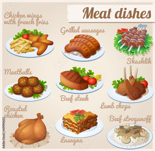Set of food icons. Meat dishes.