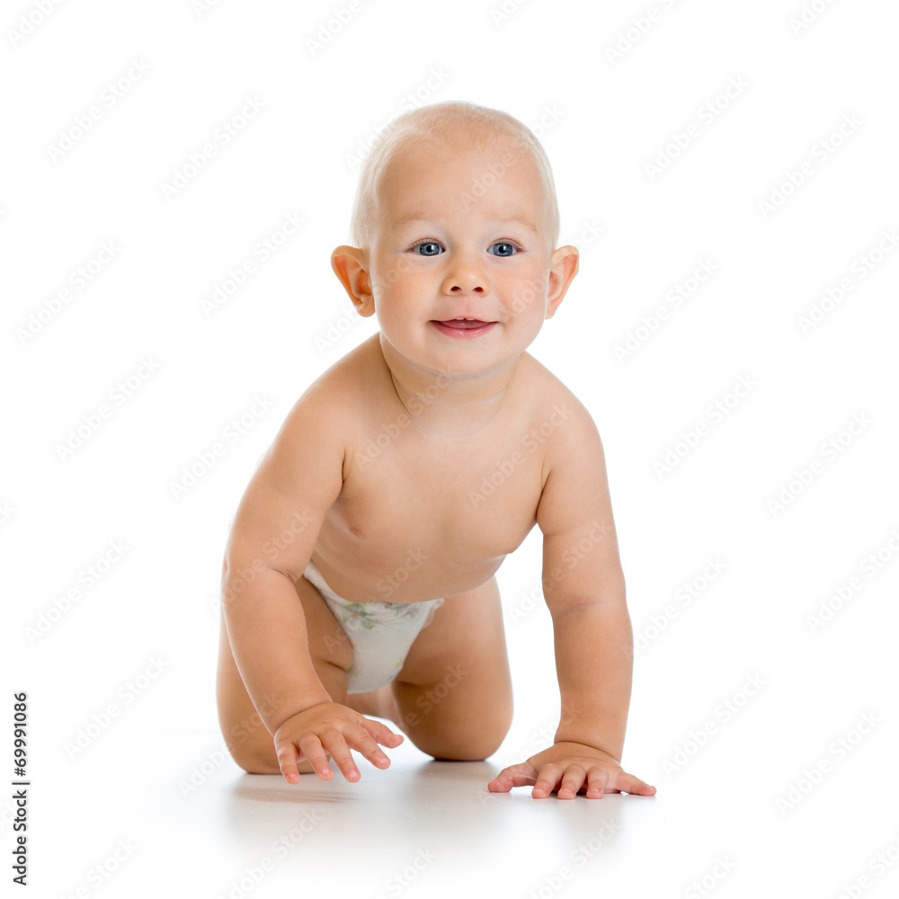 cute cheerful crawling baby boy isolated on white background cute cheerful crawling baby boy isolated on white background