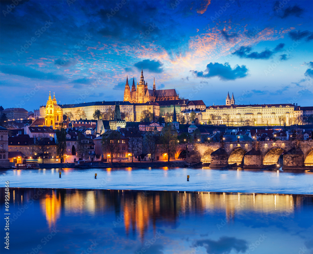 Charles Bridge and Prague Castle in twilight