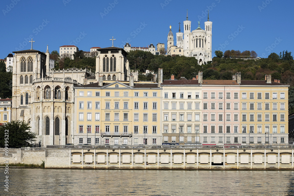 Lyon with basilica, cathedral and Saone river