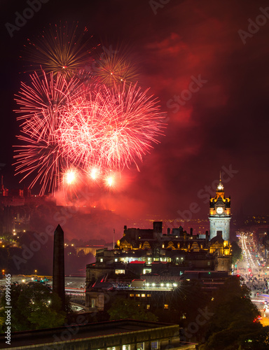 Edinburgh Cityscape with fireworks over The Castle