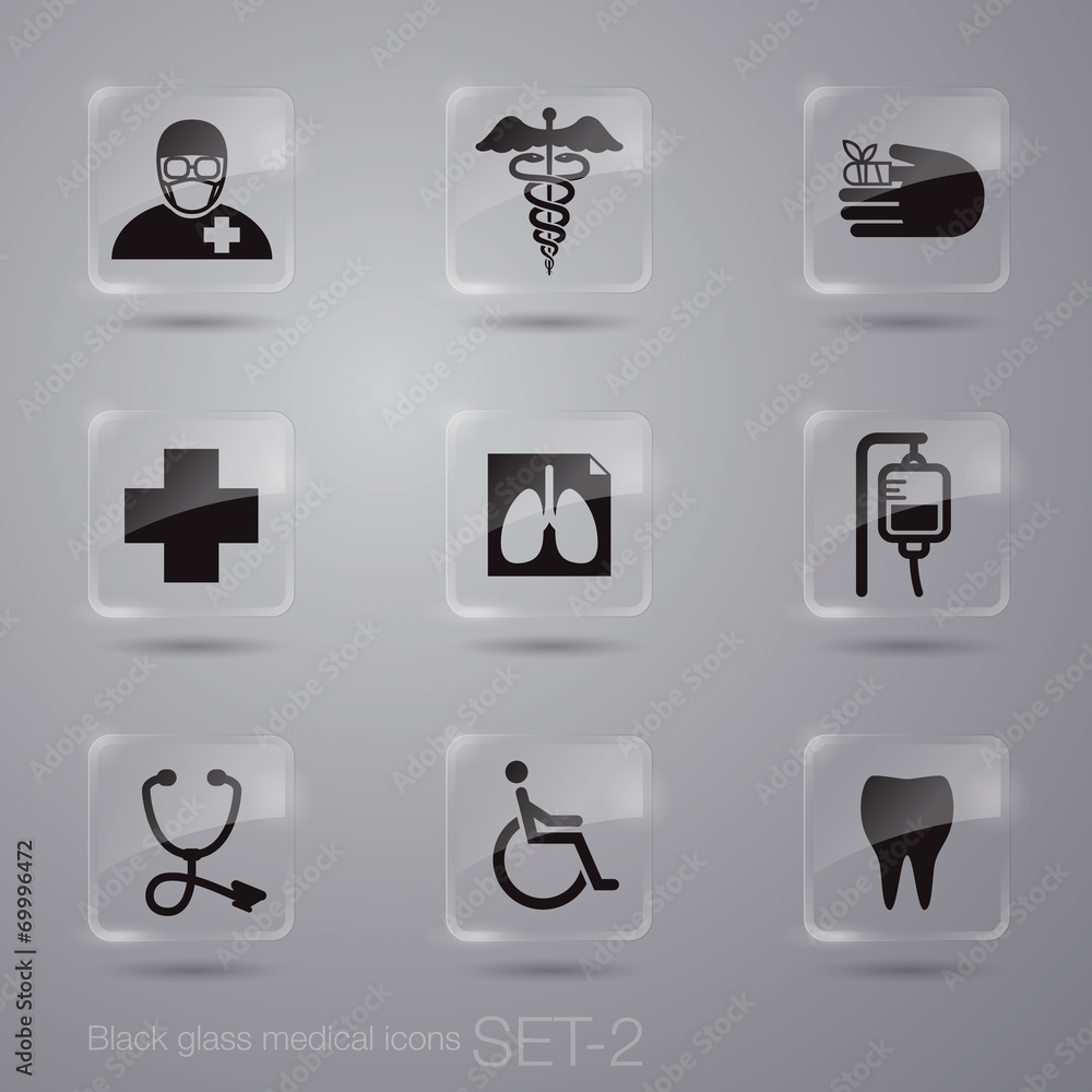 Black medical icons on various glass button. Black medical icons on various glass button.