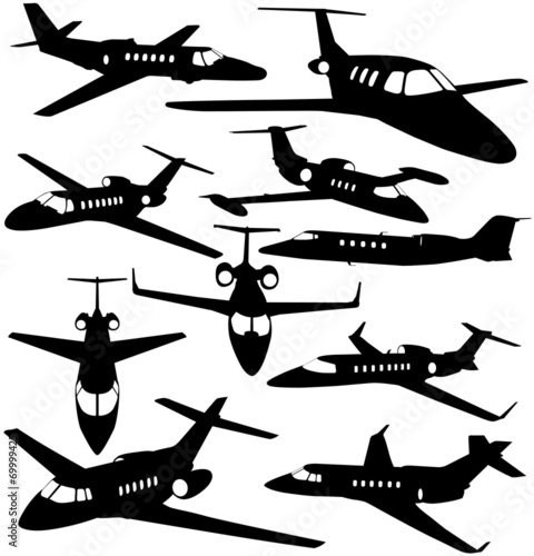 Silhouettes of private jet - contours of airplanes