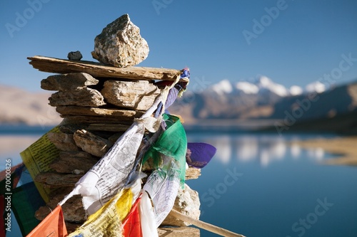 Tso Moriri Lake with prayer flags