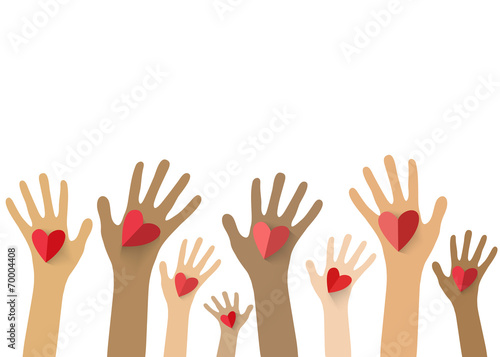 Collection of multicolored hands holding red heart. Vector EPS10