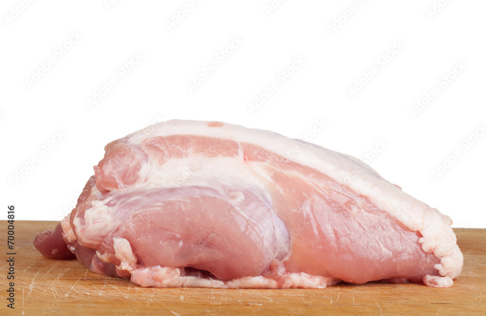 piece of meat lying on a board isolated on white background piece of meat lying on a board isolated on white background