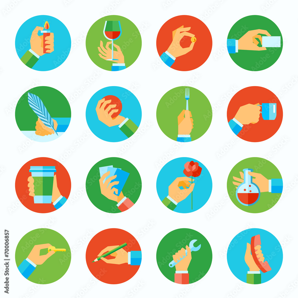 Hand holding objects flat set Hand holding objects flat set