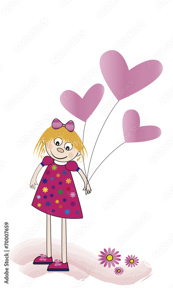 Niña alegre con globos de corazones rosas Niña alegre con globos de corazones rosas