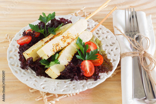 Brazilian grilled cheese snack queijo coalho, tomato photo