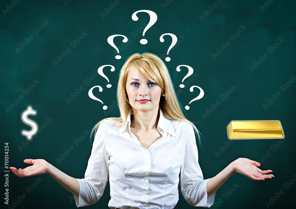 Confused business woman uncertain what safer investment to make