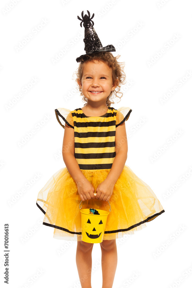 Girl in Halloween bee stripped costume - obrazy, fototapety, plakaty 