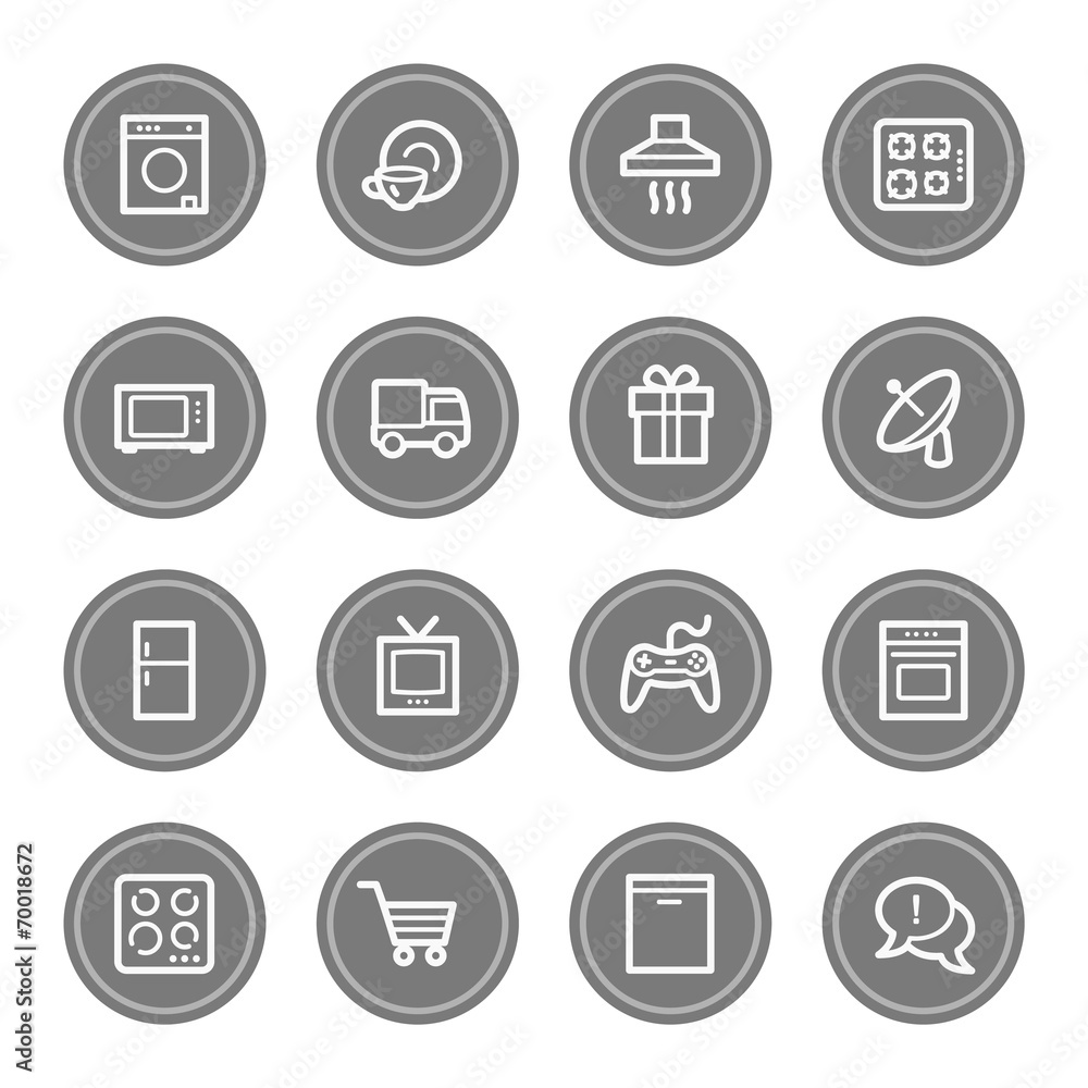 Home appliances web icons, grey circle buttons