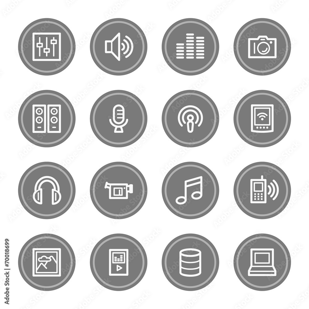 Media web icons, grey circle buttons Media web icons, grey circle buttons
