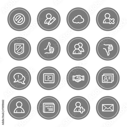 Community. Social media web icons, grey circle buttons