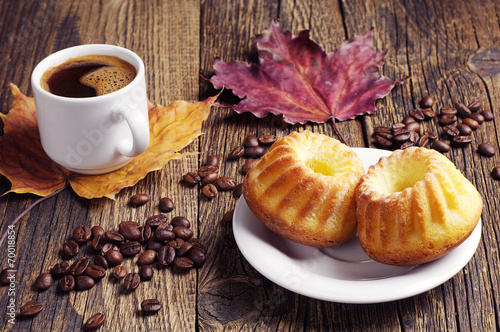 Cupcake  coffee and autumn leaves