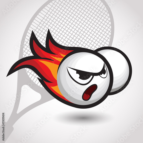 flaming tennis ball with angry face, cartoon vector illustration