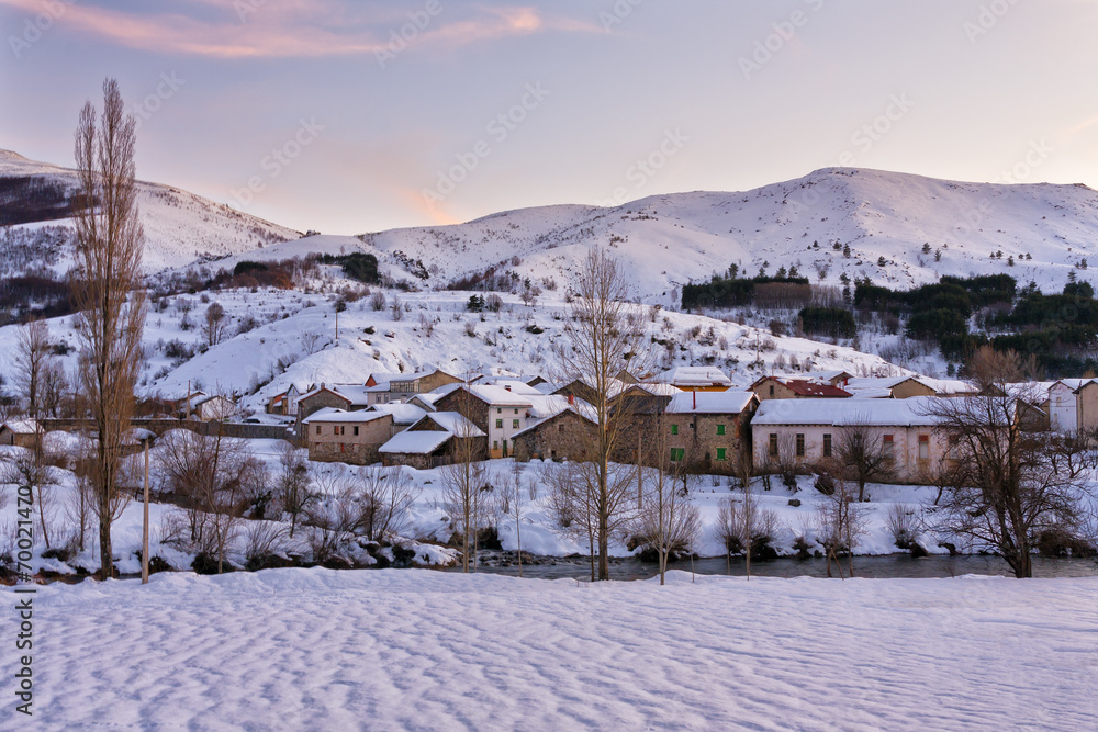 Snow covered village.Northern Spain.