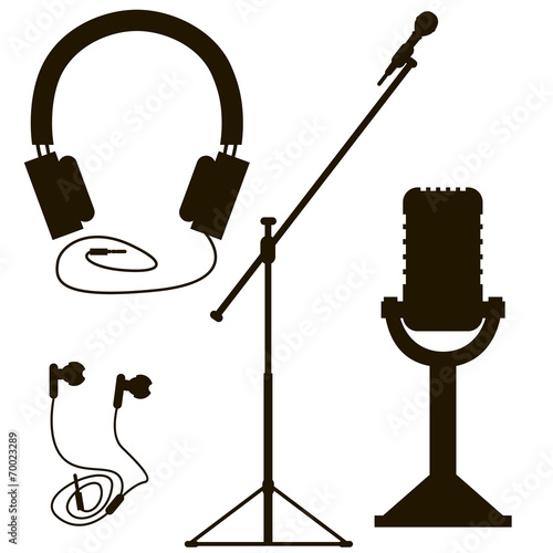 black silhouette of microphones and earphones