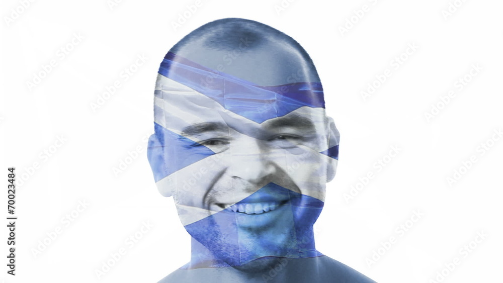 Flag of Scotland over a face of a young adult man. Flag of Scotland over a face of a young adult man.