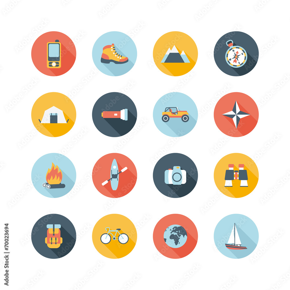 set of round adventure traveling icons