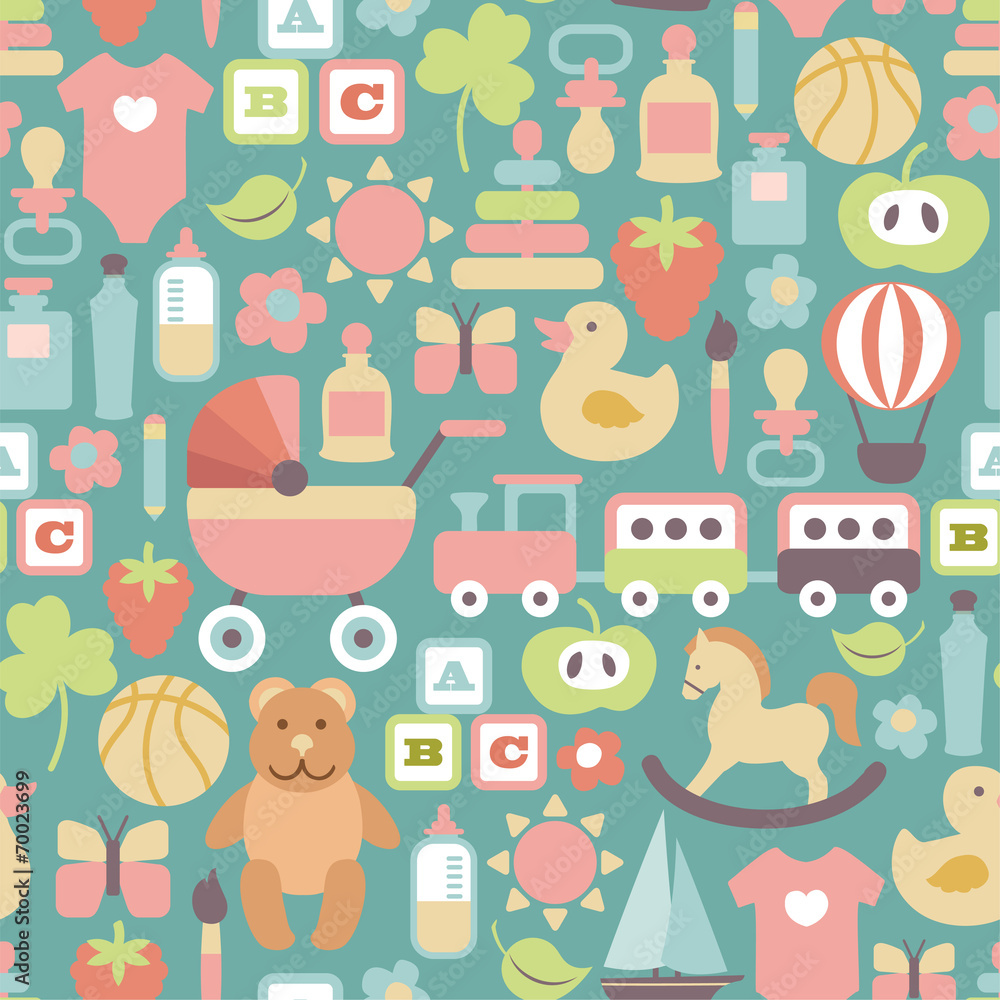 pattern with colorful flat baby icons on blue background pattern with colorful flat baby icons on blue background