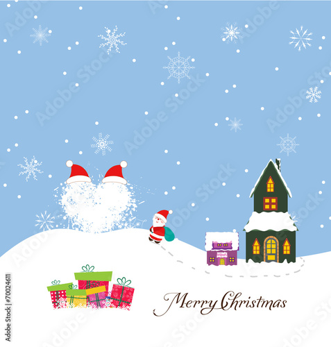 Merry christmas card with santa claus, gift and christmas house