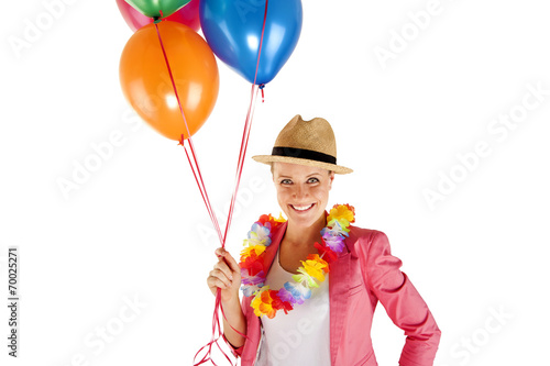 woman with balloons over white background smiling