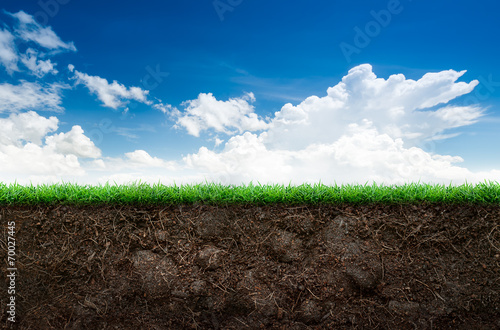 Soil and grass in blue sky photo