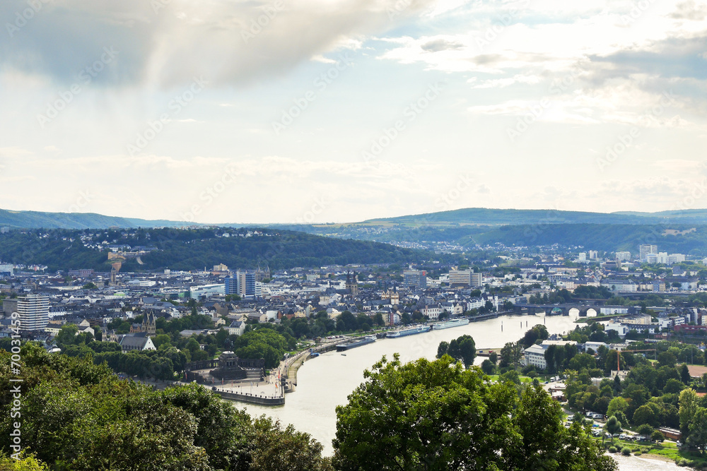 view of Deutsches Eck in Koblenz town, Germany