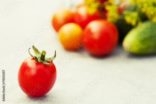 Fresh vegetables harvest. Tomatoes and gherkins, toned photo