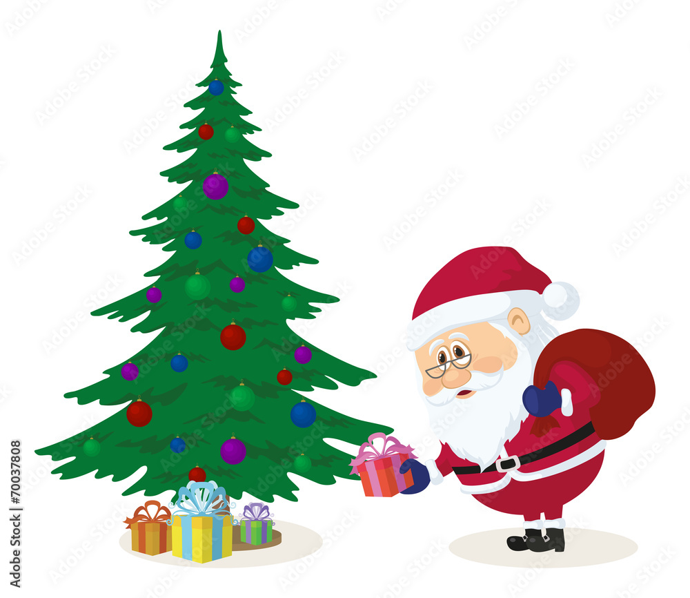 Santa Claus putting gifts under fir tree Santa Claus putting gifts under fir tree