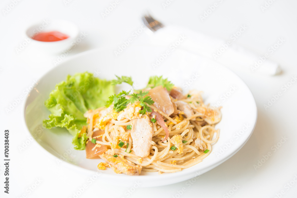 Stir fried Spaghetti with Chicken and egg. and egg. Stir fried Spaghetti with Chicken and egg. and egg.
