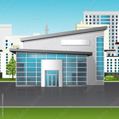 office building with reflection on the street background