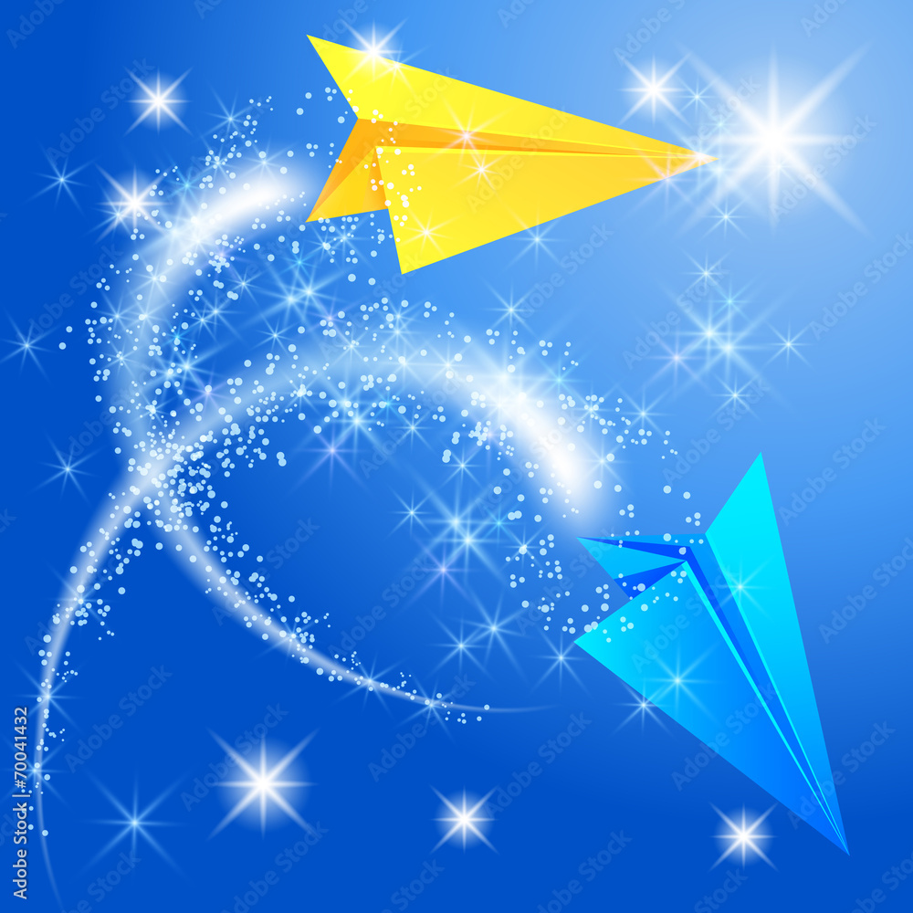 Two paper airplane and glowing stars Two paper airplane and glowing stars