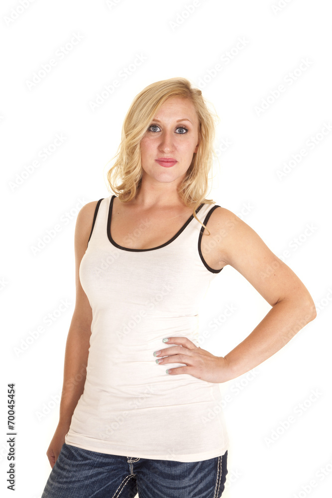 tank white jeans woman looking tank white jeans woman looking